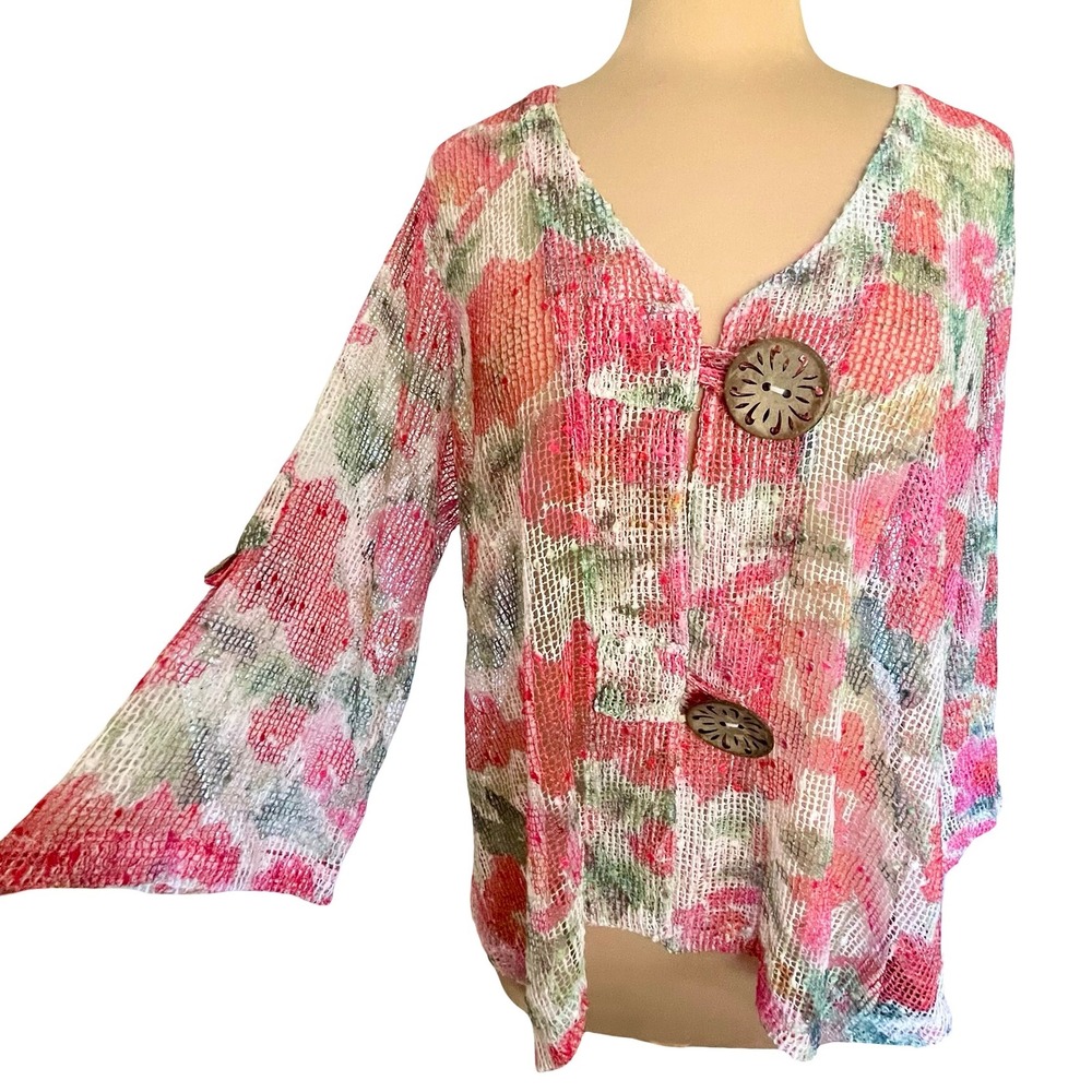 Nina Leonard Pink Floral Mesh Cardigan Sz 1X Boho Lagenlook Fairy Beach Romantic
